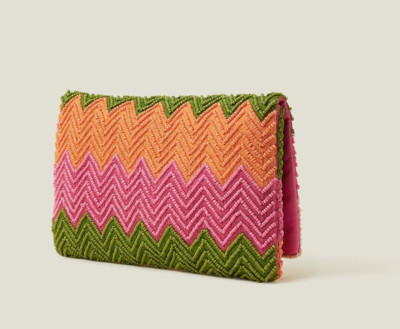 ACCESSOIRE ZICK ZACK CLUTCH TASCHE GELDBEUTEL HANDTASCHE GELDBÖRSE PERLEN ROSA GRÜN CREME