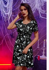 Skeleton Cat Print Dress Black White Fit & Flare Short Sleeve Stretch XL