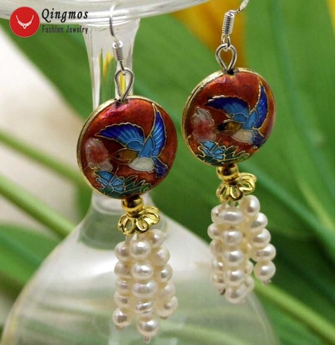 4-5mm Round Natural White Pearl Earring Women 18mm Blue Cloisonne Dangle Earring - Picture 23 of 28