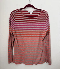 Liz Claiborne Women's Red Pink Long Sleeve Ombre Striped Pullover Tee Shirt XL