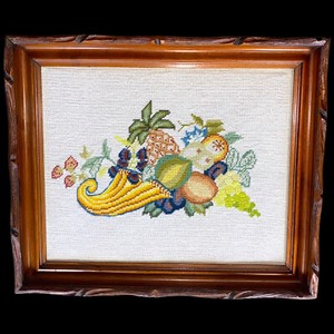 Vtg Mid Century Crewel Embroidery Cornucopia Wood Framed 21x18 MCM Fruit Art GUC
