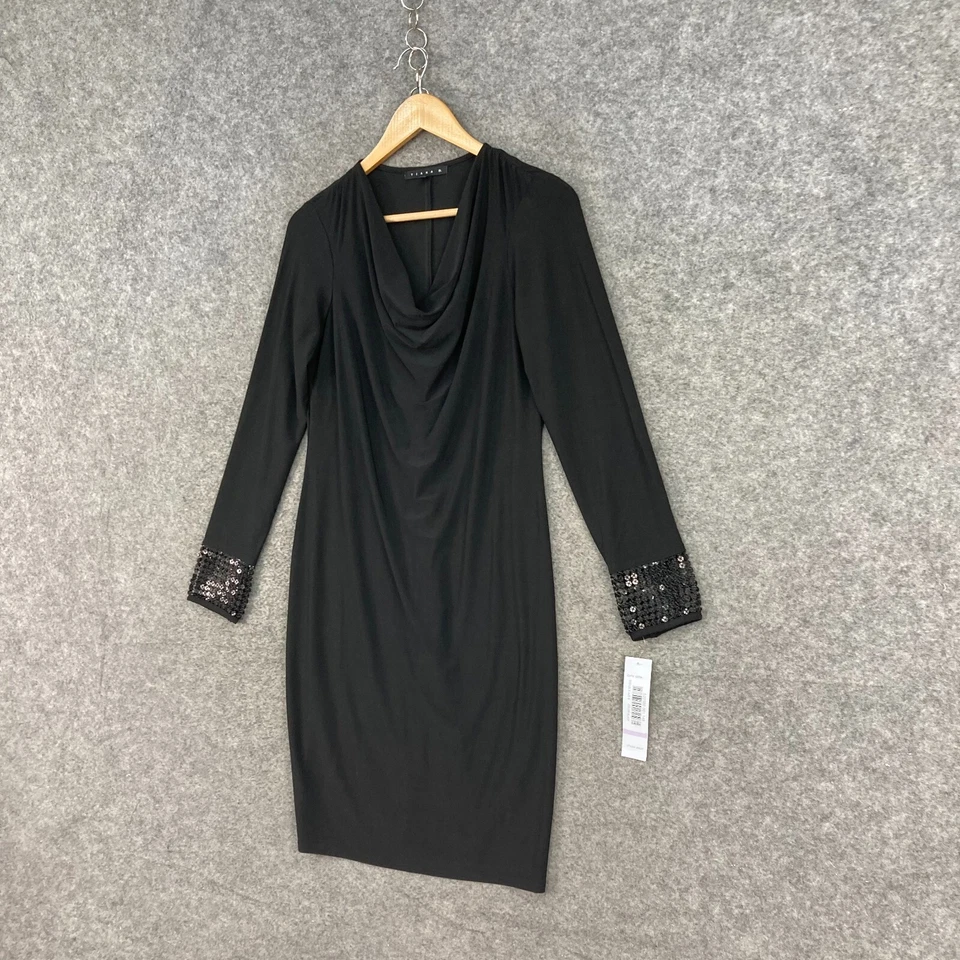 NUEVO Vestido Tiana B Mujer Talla 6 Negro Manga Larga Capucha Cuello Bodycon Jersey 32209 Foto 2 de 4