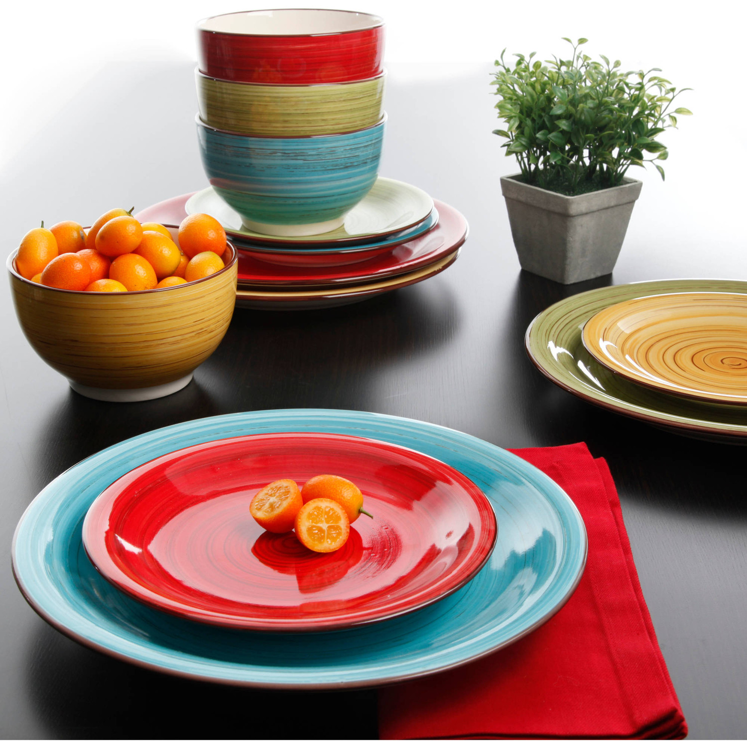 Festival Dinnerware Assorted Multi Color Set 12 Piece Microwaveable Plates Bowls