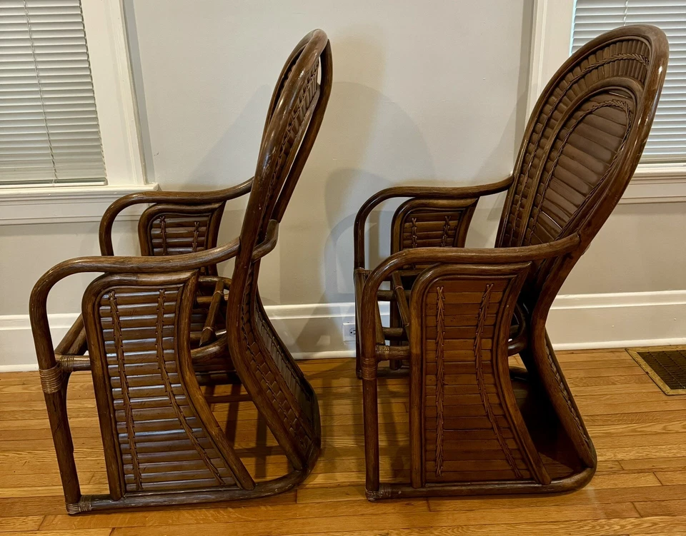 Par de sillones vintage Hollywood Regency Boho Chic madera Brent ratán abanico respaldo Foto 3 de 4