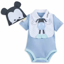 Disney Store Mickey Mouse Baby Layette Romper & Bib Set Pastel Blue Bodysuit NEW