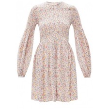 GANNI Floral Print ‘Georgette’ Smocked Mini Dress in Egret