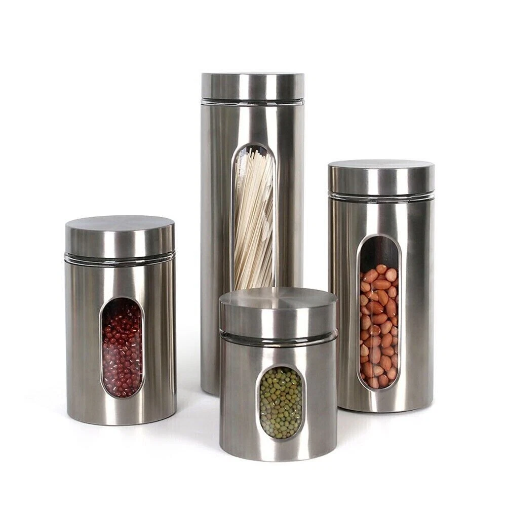 4 Piece Stainless Steel Canister Set Coffee Tea Candy Food Container Storage Jar
