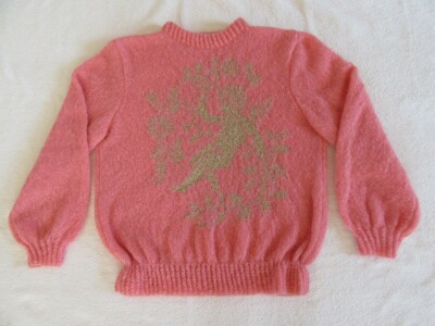 Damen Pullover Mohair rosa, Cherub und Blumen gold. Kreation Strick Handarbeit. Neu