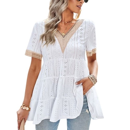 Women Tunic Tops Loose Shirts V-Neck Ruffle Sleeve Blouses Babydoll Tops T-Shirt - Picture 10 of 24