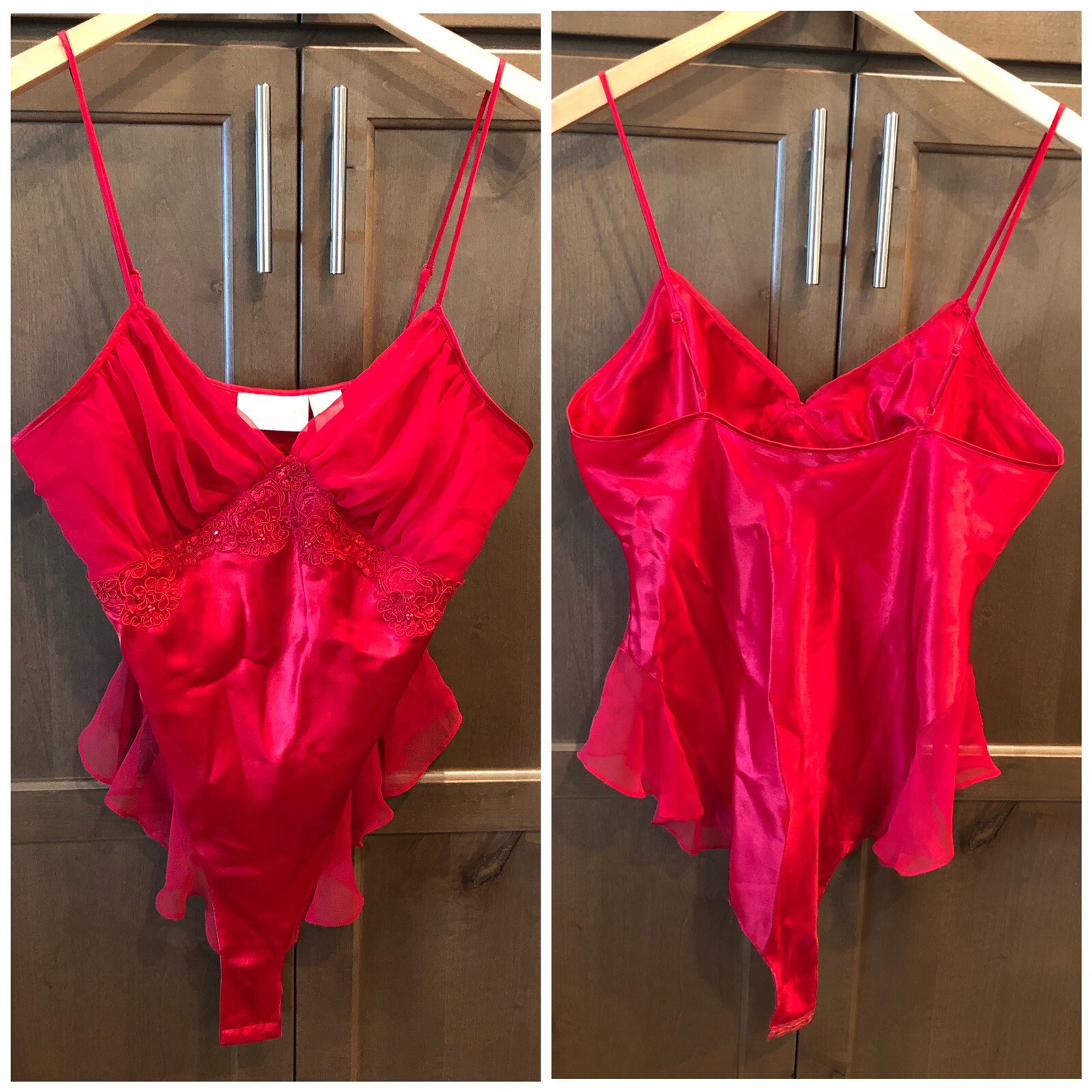 Victoria's Secret Gold Label Vintage Red Satin & Chiffon Teddy Bodysuit  Size M