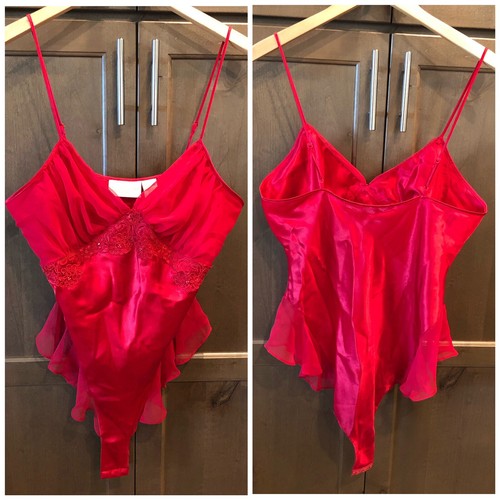 Victoria's Secret Gold Label Vintage Red Satin & Chiffon Teddy Bodysuit Size M - Picture 10 of 12
