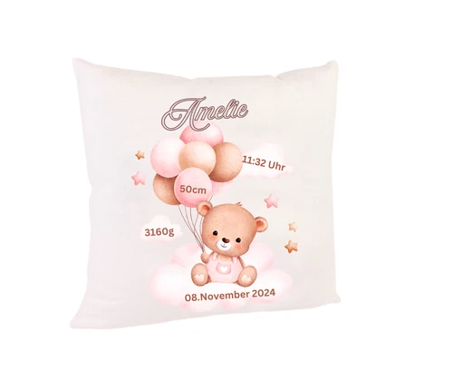 Personalisiertes flauschiges Kissen Bärchen – Mädchen Geschenk  Geburt Taufe 