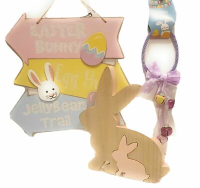 3 pc Easter Decor - Easter Bunny Sign, Colorful Bells & Bunny Table Decor NEW