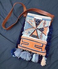 Free People Blue Boho Aztec Print Embroidered Fringe Leather Strap Crossbody Bag