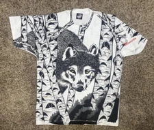 90s Wolf AOP T-Shirt Men Sz Medium Forest All Over Print Single Stitch USA Made