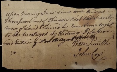 c.1775 Virginia Frontier Land Dispute   Jane Sims 70 Acres vs Thompson, Wm Smith