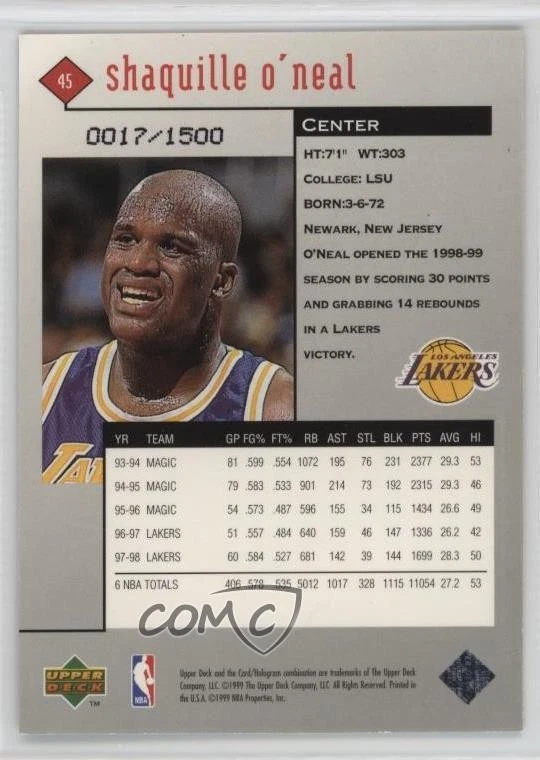 1998-99 Upper Deck Black Diamond Triple Diamond /1500 Shaquille O'Neal #45 HOF - Image 2 of 2