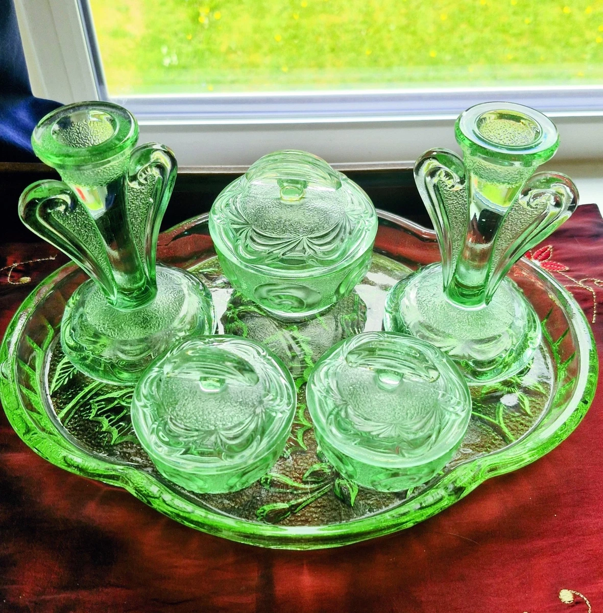 slim fit dress slacks Vintage Green Glass Dressing Table Set – Kernow Furniture main image 1