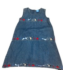 Girls Vintage Denim Embroidered Dress OCI Size 6 ABC Cows Bows 90s School Theme