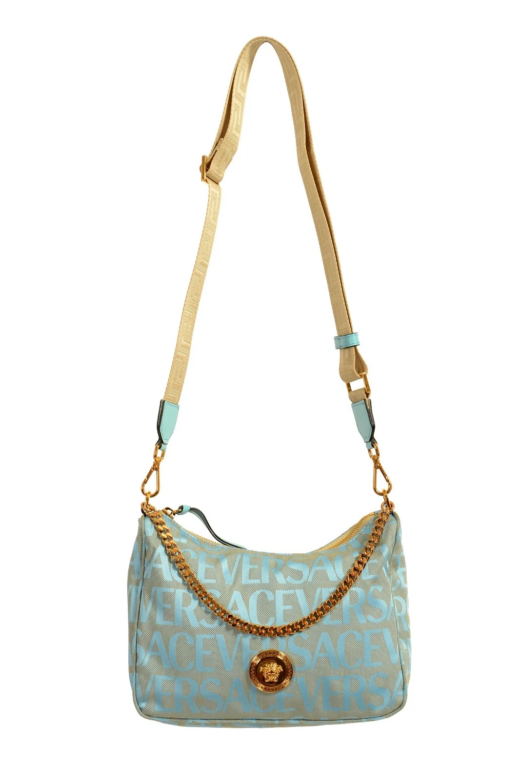 Versace Women's Blue Logo Print Gold Medusa Medium Hobo Handbag Shoulder Bag