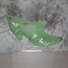 Fenton Glass Shoe 95th Anniversary Signed Hand Painted Butterflies Green Satin
