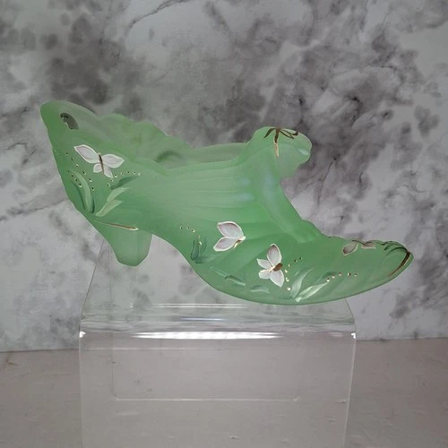 Fenton Glass Shoe 95th Anniversary Signed Hand Painted Butterflies Green Satin