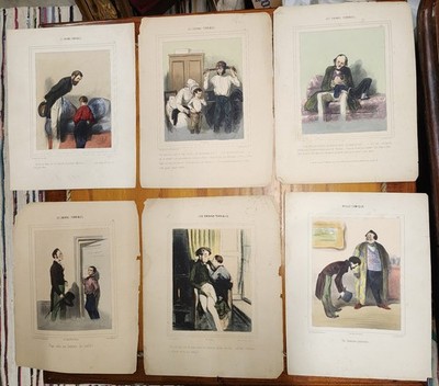 Set Of 6 Antique 19th Century French Colored Illustrations/Satirical Caricatures