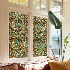 Original Hand-Drawn Privacy Stained Glass Window Film, Single Sided Static Cl...
