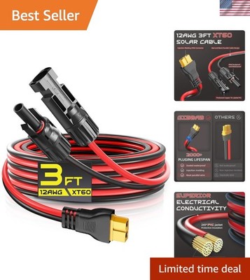 Durable 3FT XT60 Solar Panel Extension Cable - 30A,  Rated & Safe Connection
