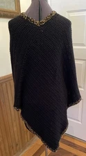 HANDWOVEN BY ADDIE Poncho Cape Sweater Wrap Shawl  Black Knit Leopard Trim OS
