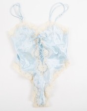 Vintage Delicates Teddy Sheer Satin Lace Bodysuit Lingerie Blue Sz Small