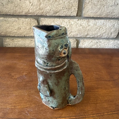 Vintage Signed 3D Ugly Open-Mouth Fish Face Pottery Mug Art Sculpture Fisherman