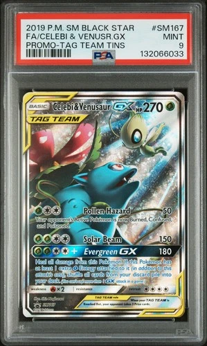 2019 Pokemon Celebi & Venusaur GX Tag Team SM167 Holo PSA 9 Mint Black Star Tins