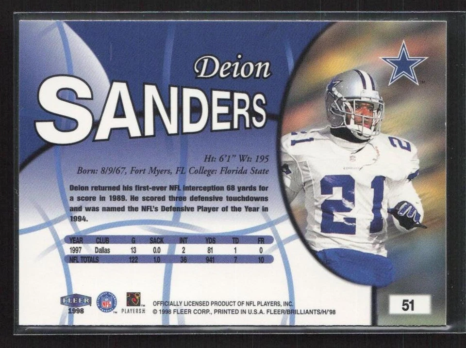 1998 Fleer Brilliants #51 Deion Sanders - Image 2 of 2