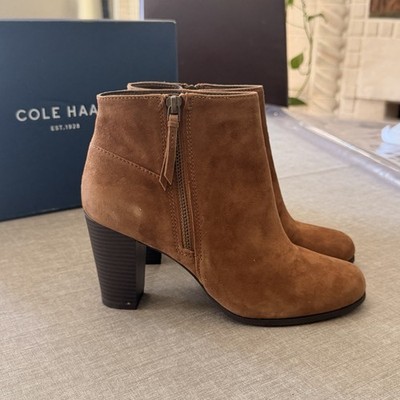 Cole Haan Gray Suede Davenport Brown Suede Booties Block Heel Side Zipper