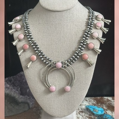 Pink Conch  Squash Blossom Southwestern Sterling Silver Necklace