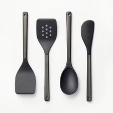 Figmint Silicone Kitchen Utensil Set Black 4pc Steel Cooking Tools Spatula Spoon