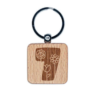 Sweet Cute Flowers Rounded Block Number 7 Seven Engraved Wood Square Keychain