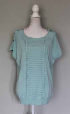 BYRON LARS Teal Blue Crochet Trim Pin Up Style Short Sleeve Sweater Top, Size XL