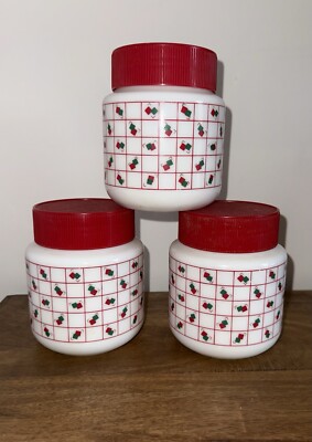 Arcopal Milchglas Vorratsgläser Kunststoffdeckel geometrisches Muster 3er Set Vintage