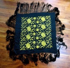 RARE VINTAGE 1920'S BLACK SILK PIANO SHAWL WITH SILK GOLD FLORAL EMBROIDERY 47"