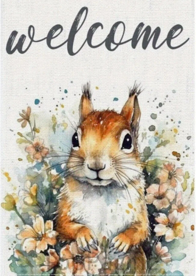 Squirrel In The Flowers Welcome, 2-Sided Burlap Type Outdoor Garden/Yard Flag