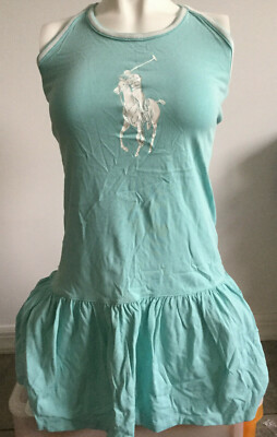 POLO RALPH LAUREN GIRLS Tennis Dress Teal Large 12/14 Cotton Pony Racerback 