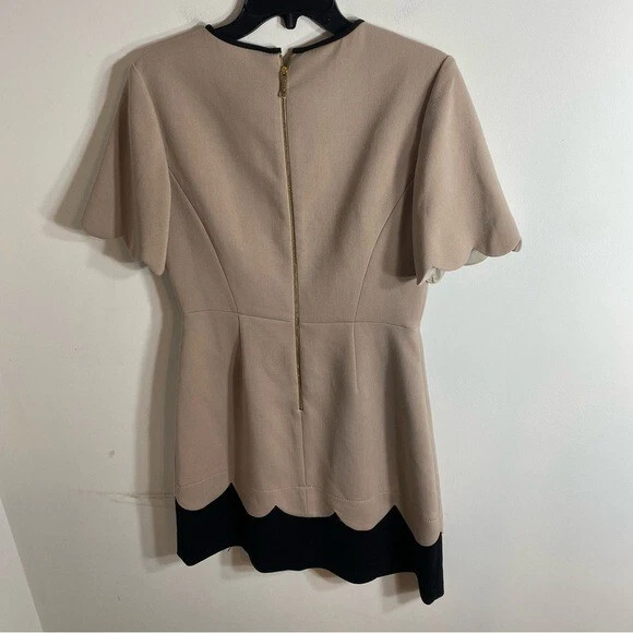Abito Kate Spade Crepe Scallop Tan Nero Tg 8 Manica Corta Mini Fit Svasato