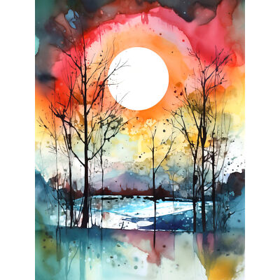 Abstrakt Sonnenuntergang Landschaft Aquarell Landschaft See XL Kunst Leinwand Poster
