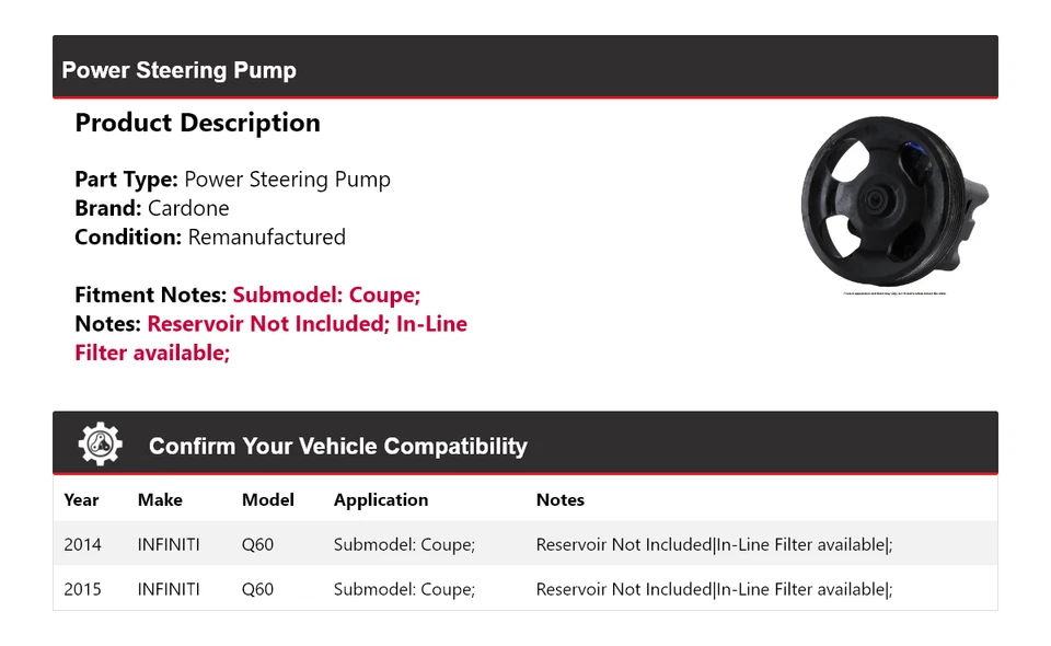 Bomba de dirección asistida Cardone para Infiniti Q60 2014-2015 cupé Foto 2 de 4