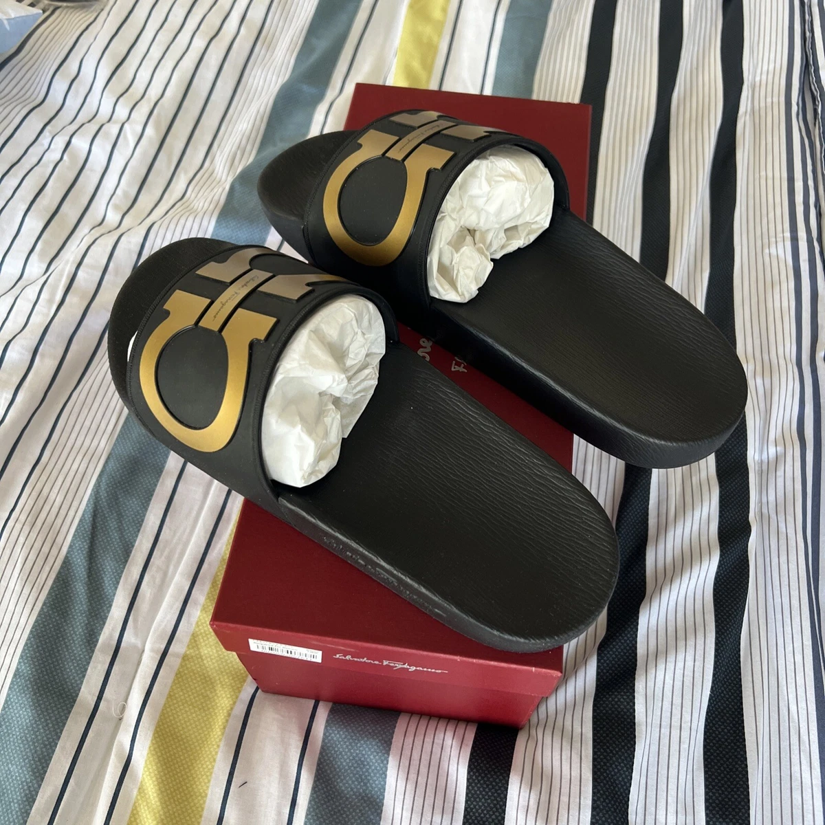 Salvatore Ferragamo Groove Black/ Gold slides sandals Men’s Size 9 M