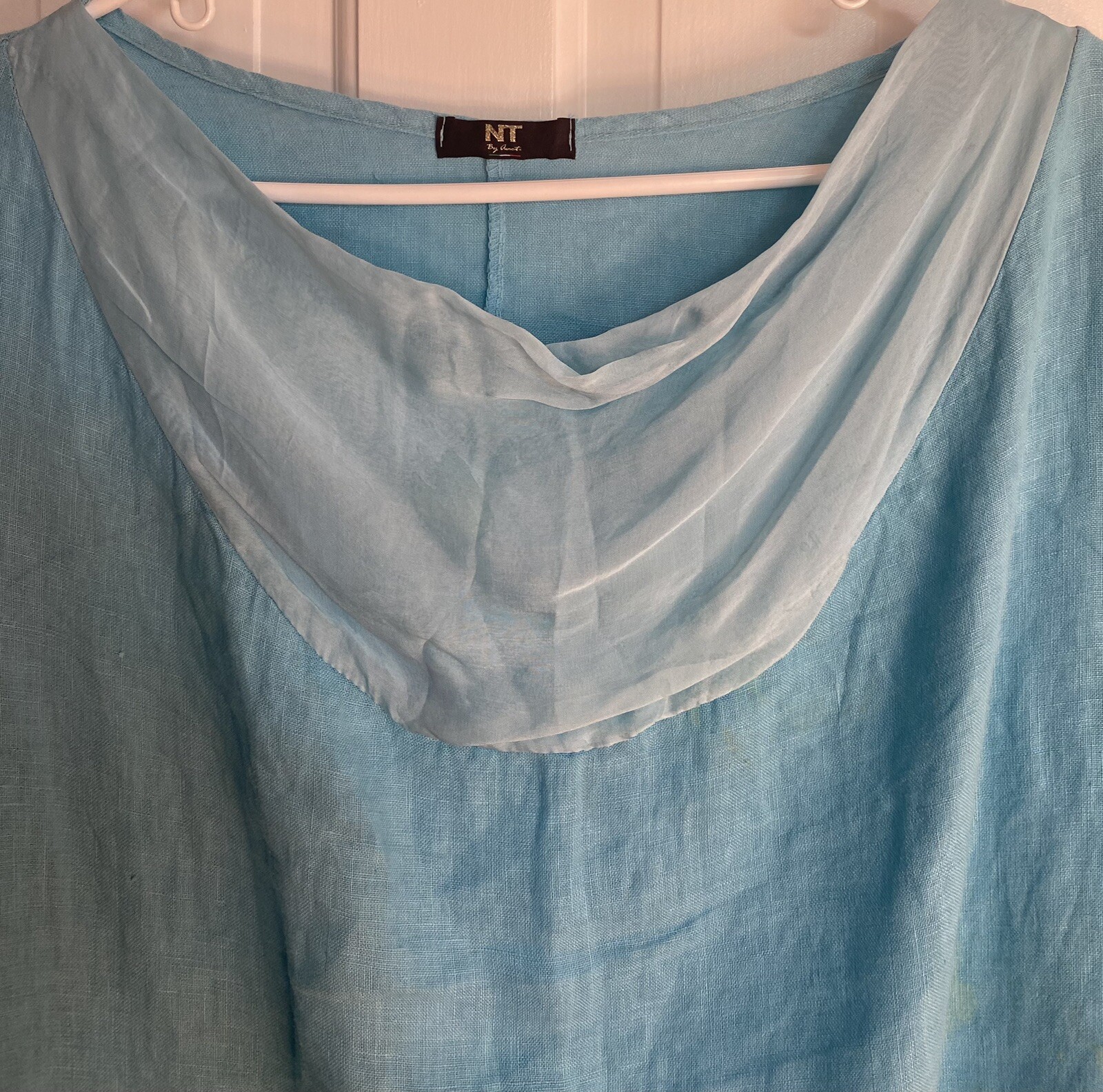 NT by Amati Linen Silk Dress Asymmetrical Pockets Aqua Blue Made In