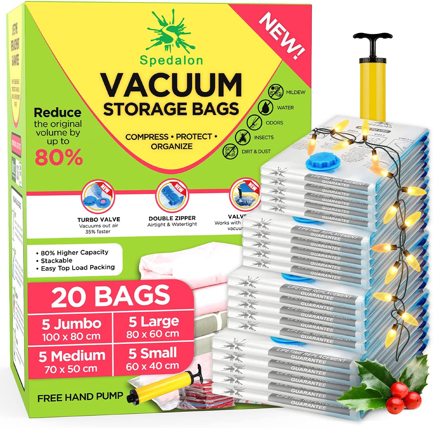 Vacuum Storage Bags - Pack of 20 (5 Jumbo + 5 Large + 5 Medium + 5 Small) Reusab