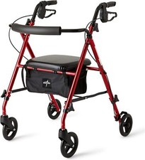 Medline Superlight Folding Aluminum Mobility Rollator Walker, Red, 250 lb. Weigh
